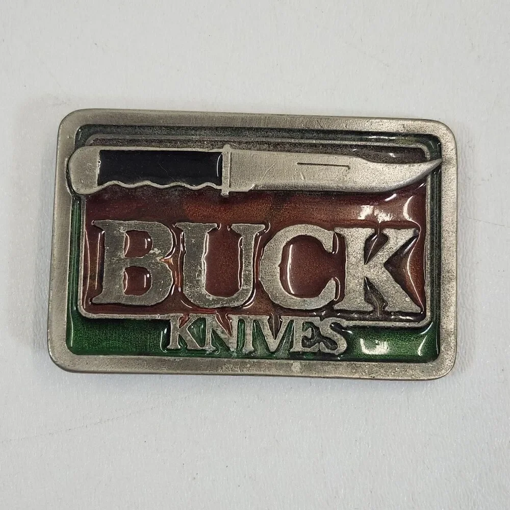 Buck Knives Belt Buckle Fixed Blade Knife Advertising Vintage Enamel Front 2320